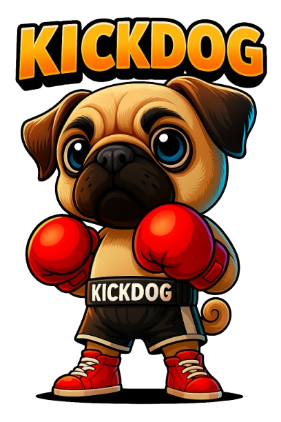 Kick Dog, a pug in red boxing gloves and black KICKDOG shorts